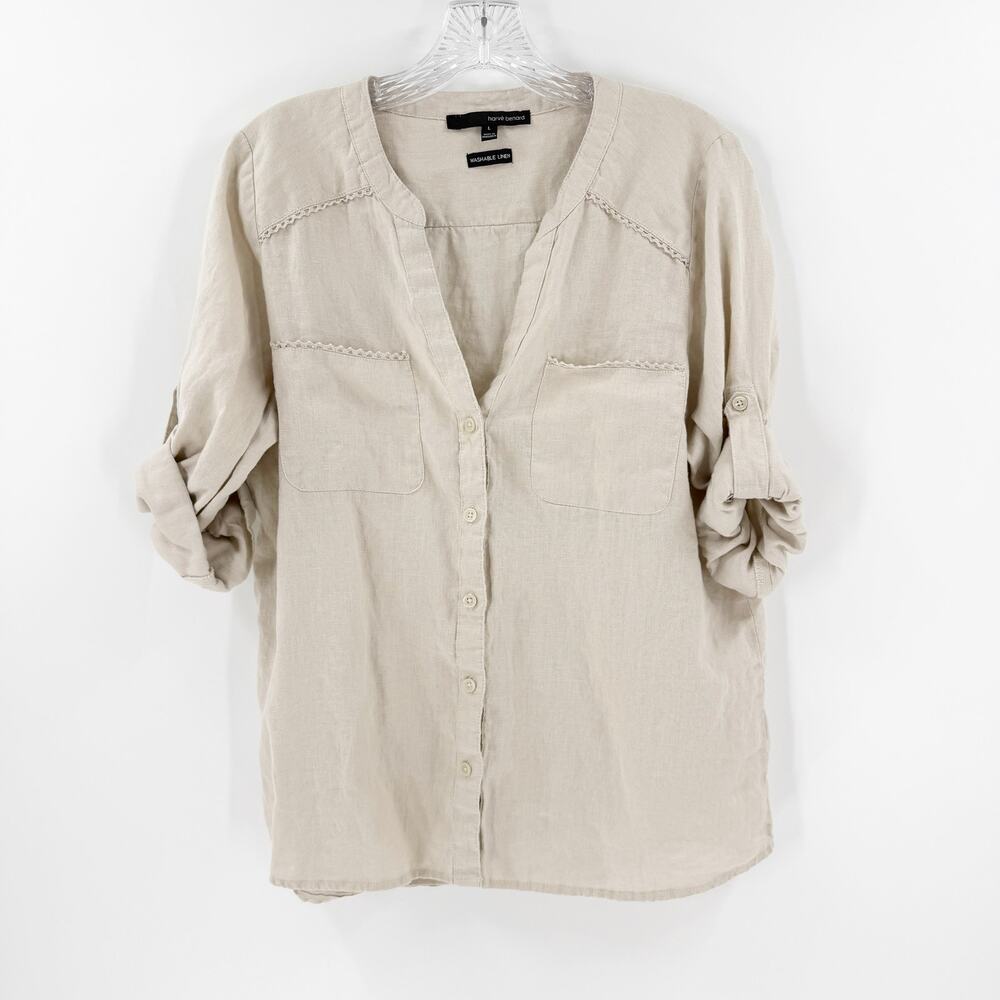 Harve Bernard 100% Linen Blouse Beige Minimalist Button Front Sz L - Picture 2 of 7